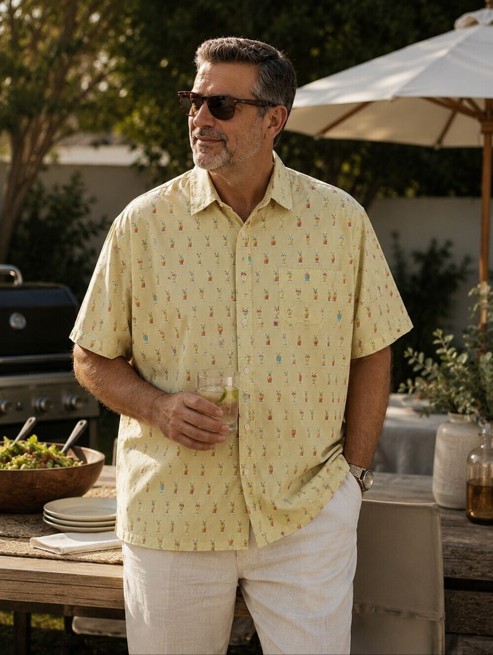Tori Richard Hawaiian Drinks Island Shirt 5XLB Beige Viscose Cocktail Aloha Camp